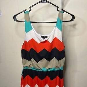 Orange, black, teal, and white maxi dress
